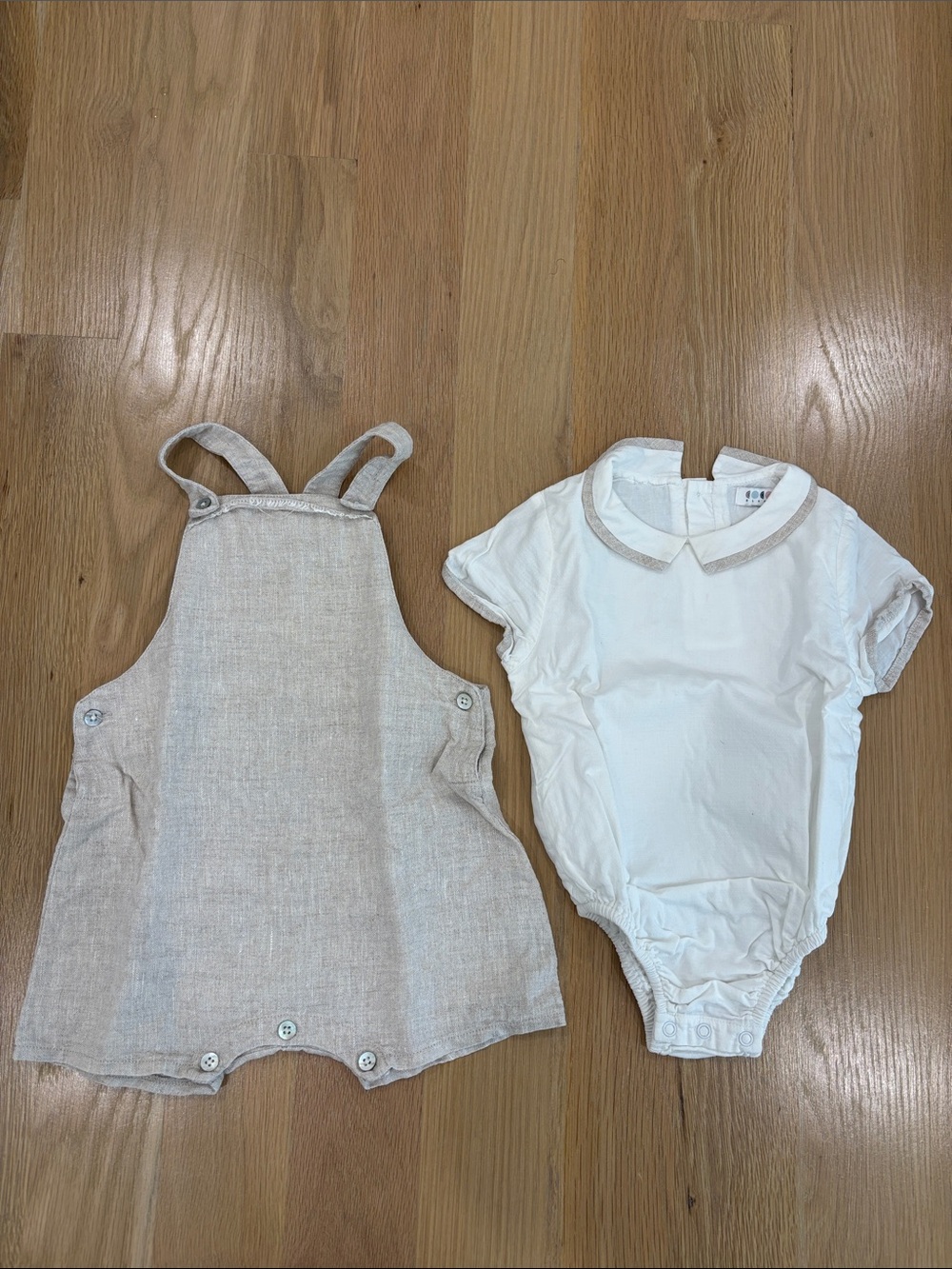 Coco Blanc Beige Linen-Style Kids Overalls with White Collar Bodysuit Set